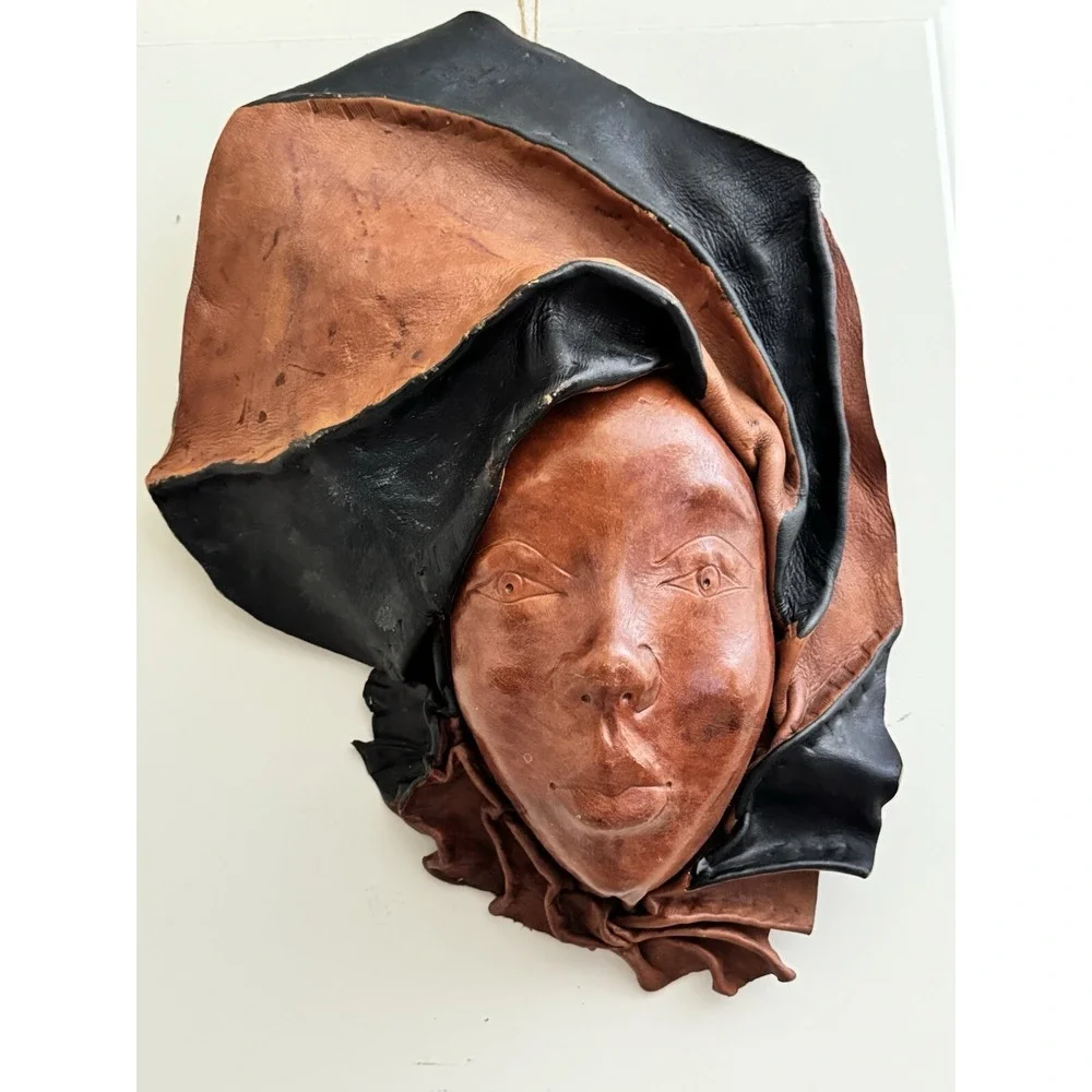 Vintage Africa Tribal‎ Leather Face Mask Hand Sculptured Decorative Wall Art